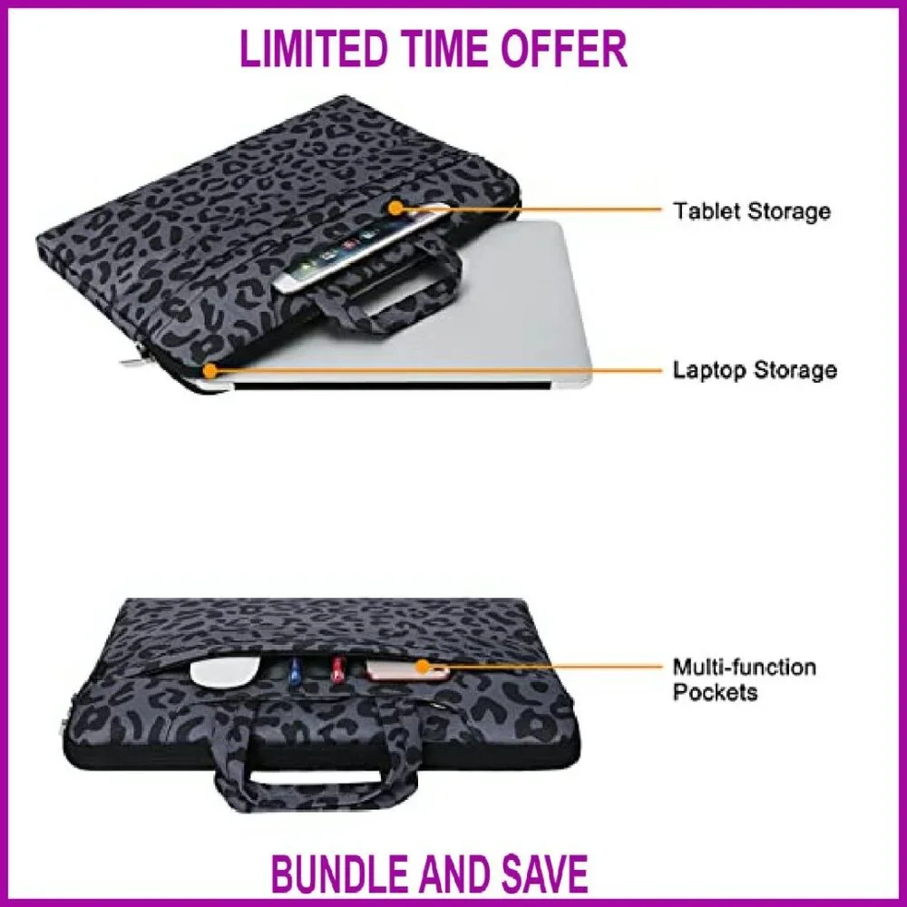15.6 Inch Laptop Shoulder Bag Leopard Grain Briefcase Sleeve with Belt